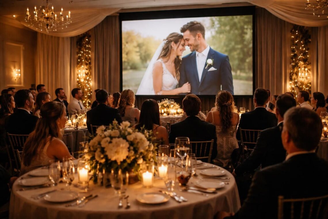 découvrez comment un écran de projection transforme le diaporama des mariés en un moment inoubliable et central du dîner de mariage, captivant tous les invités.