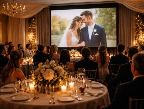 découvrez comment un écran de projection transforme le diaporama des mariés en un moment inoubliable et central du dîner de mariage, captivant tous les invités.