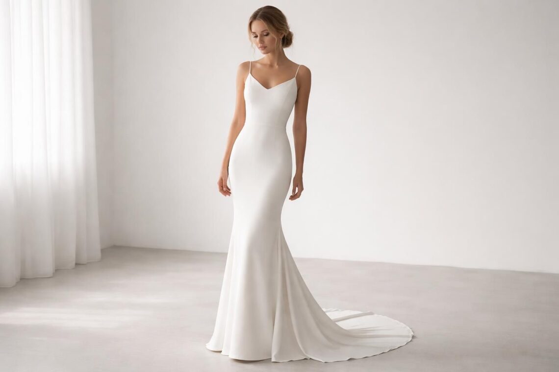 découvrez la robe de mariée sirène minimaliste, parfaite pour sublimer votre silhouette avec élégance et sobriété, alliant style sculpté et simplicité raffinée.
