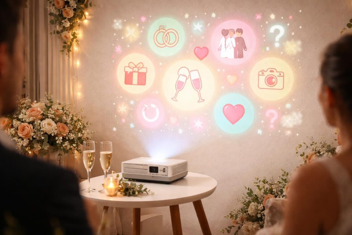 animez votre mariage avec un quiz interactif projeté au mur grâce au mini vidéoprojecteur epson, pour des moments ludiques et inoubliables entre mariés et invités.