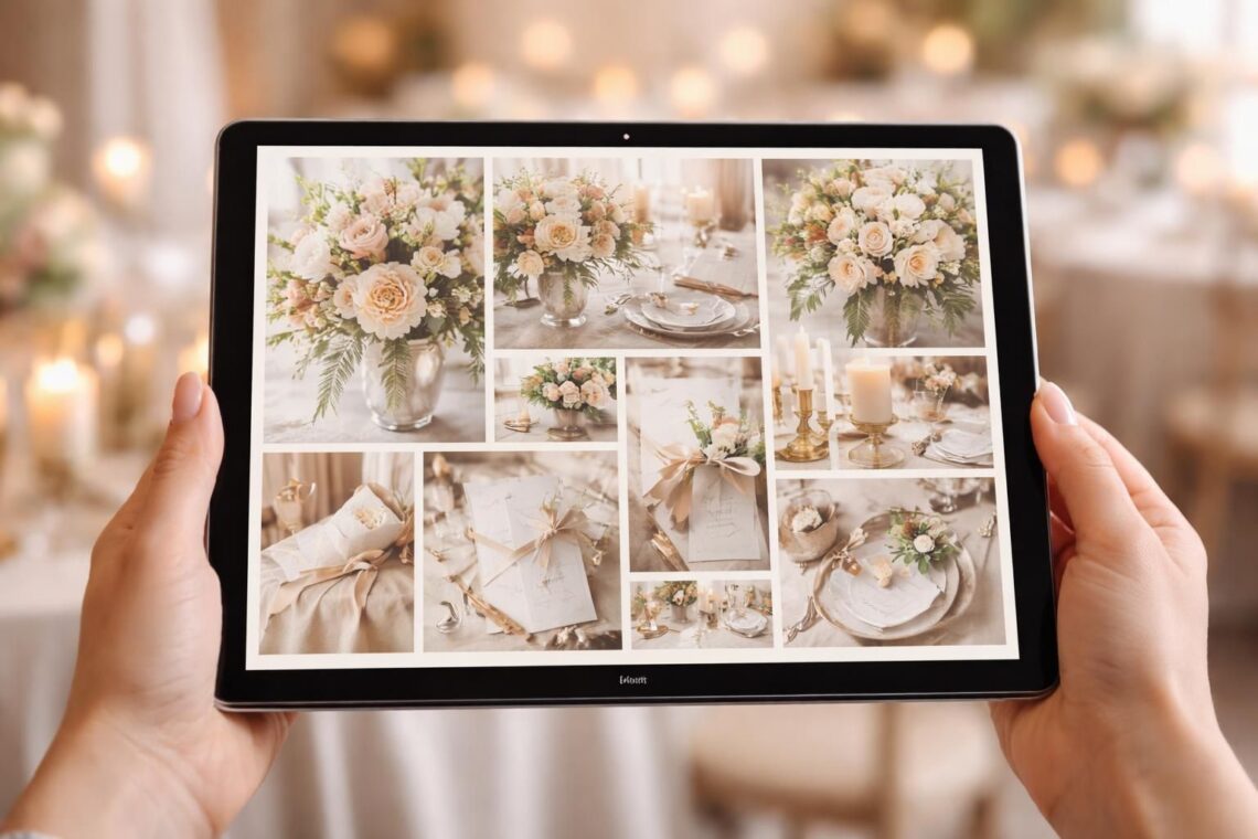 découvrez un moodboard de décoration de mariage spécialement conçu pour être présenté facilement aux prestataires sur une tablette tactile microsoft, alliant style et praticité.