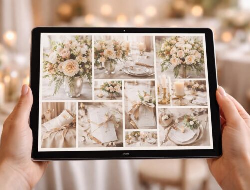 découvrez un moodboard de décoration de mariage spécialement conçu pour être présenté facilement aux prestataires sur une tablette tactile microsoft, alliant style et praticité.