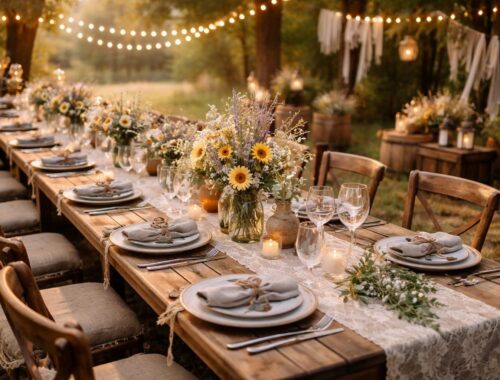 découvrez des idées d'inspiration pour un repas champêtre et une décoration authentique, parfaits pour un mariage rustique empreint de charme et de simplicité.