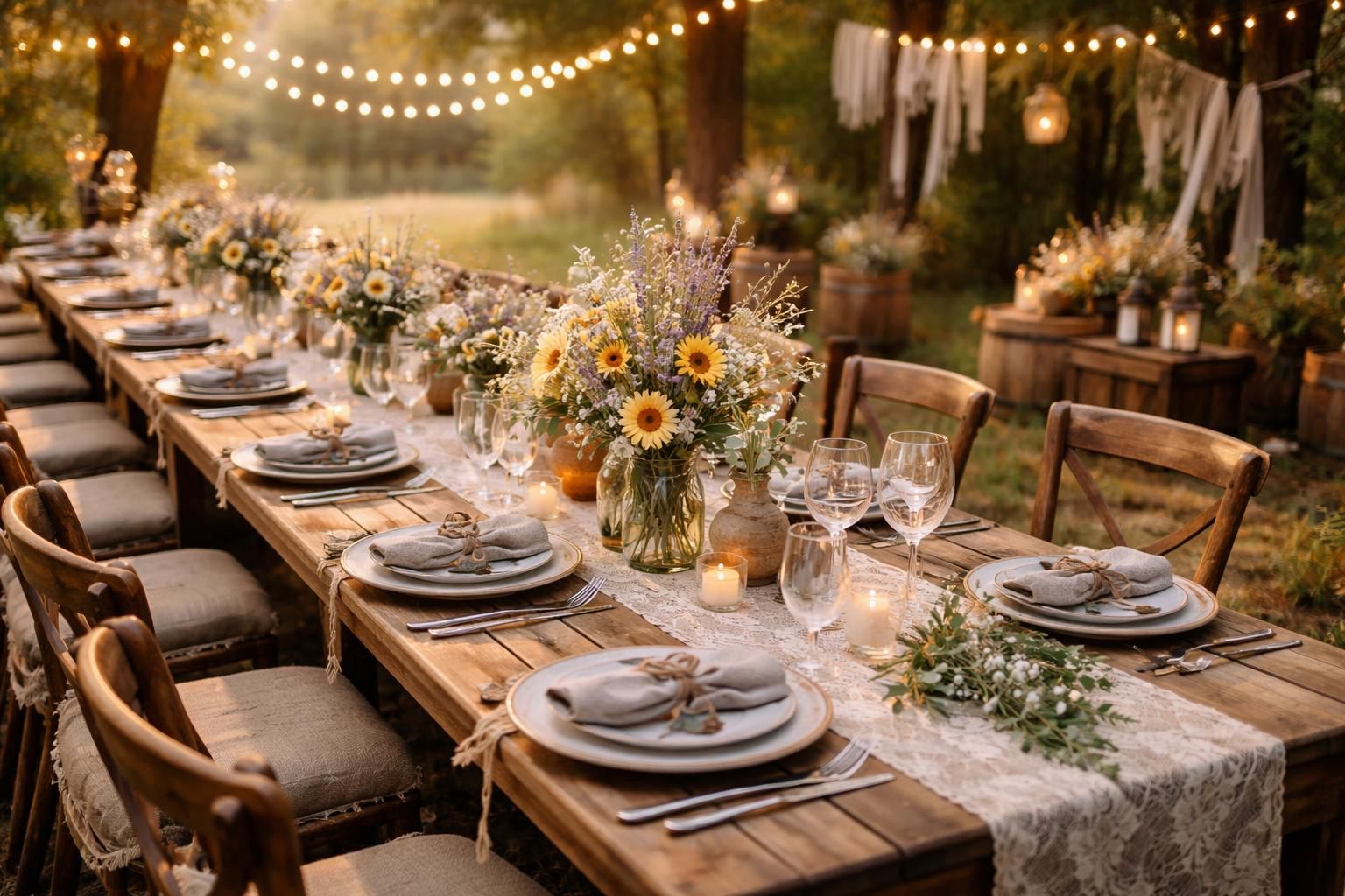 découvrez des idées d'inspiration pour un repas champêtre et une décoration authentique, parfaits pour un mariage rustique empreint de charme et de simplicité.