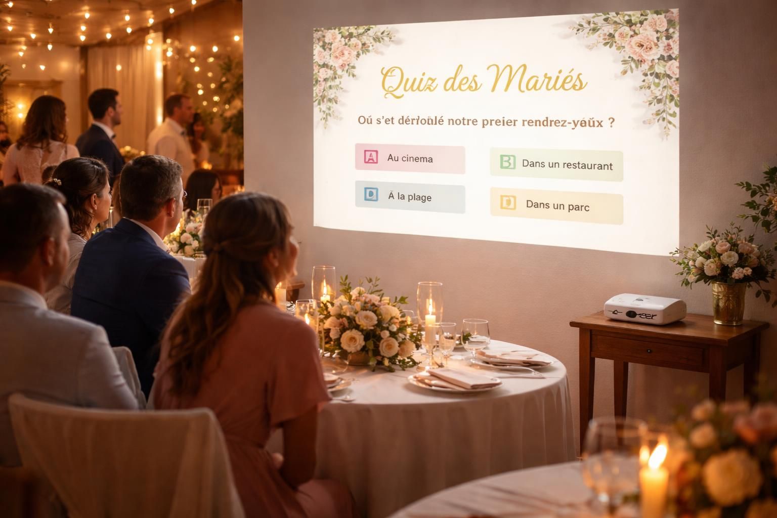 découvrez comment animer votre mariage avec le quiz des mariés, projeté en toute simplicité grâce au mini vidéoprojecteur acer, pour des moments de convivialité inoubliables.