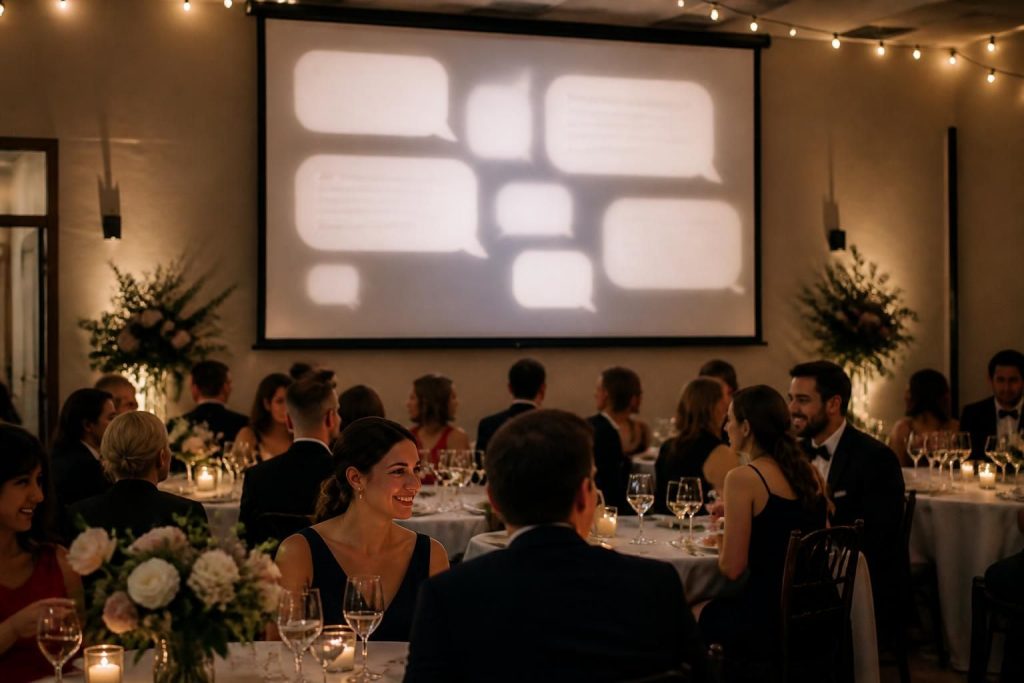 découvrez comment un écran de projection peut afficher en temps réel les messages de vos invités lors de votre réception, créant une ambiance interactive et mémorable.
