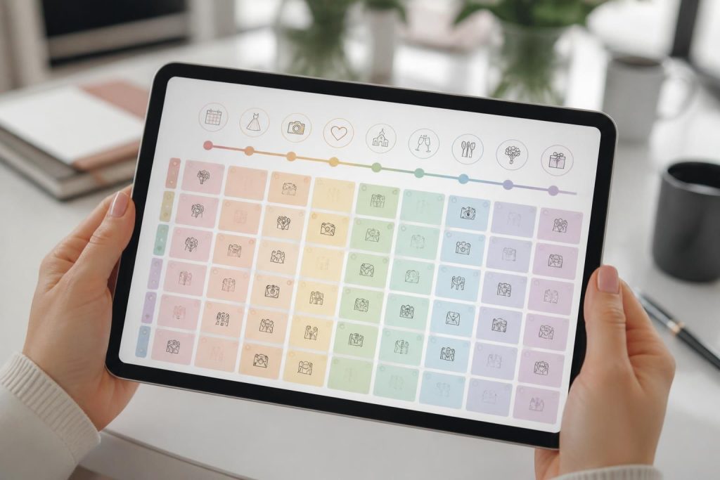 découvrez le rétroplanning du mariage conçu pour tablette tactile, de j-365 à j-0, pour organiser chaque étape clé facilement et réussir le plus beau jour de votre vie.