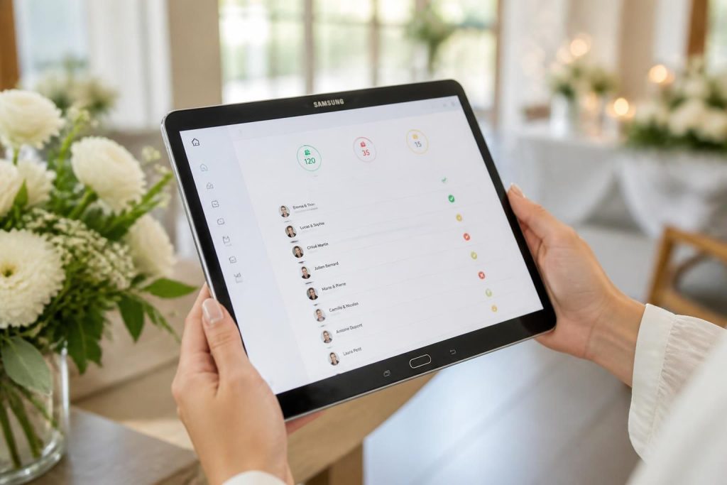 gérez facilement les confirmations de présence de votre mariage grâce à notre outil de suivi clair et intuitif, optimisé pour tablette samsung galaxy.