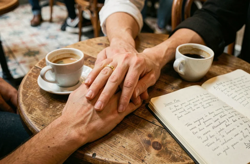 Mains entrelacées portant une alliance sur une table de café parisien, symbolisant le mariage et la vie sentimentale d'une célébrité française
