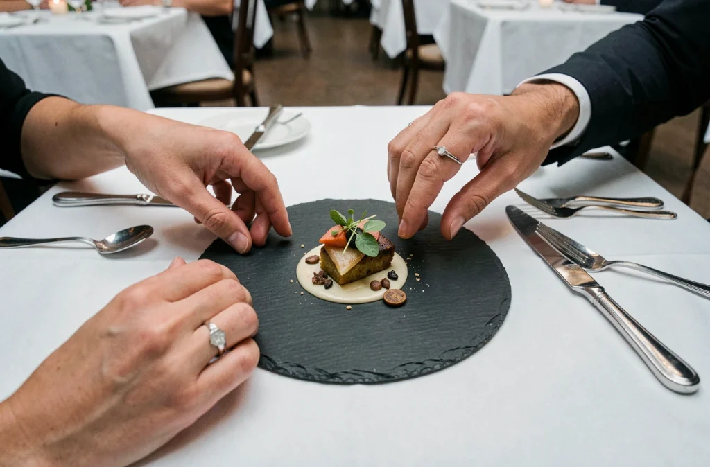Mains de jeunes mariés se tendant vers une assiette gastronomique raffinée dans un restaurant étoilé