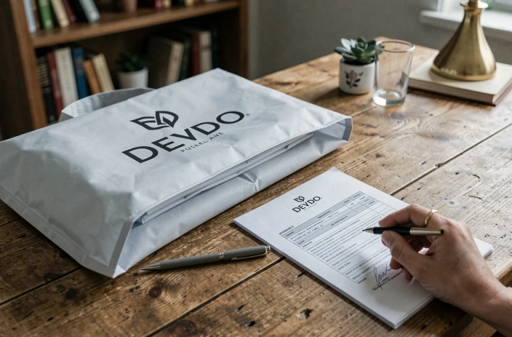 Contrat d'assurance pour une location de robe de mariée avec la robe emballée sur une table
