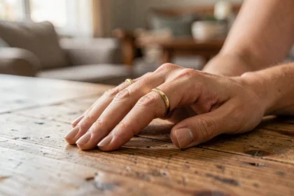 Femme portant une bague dorée à l'annulaire droit posé sur une table en bois, symbolisant un cadeau significatif