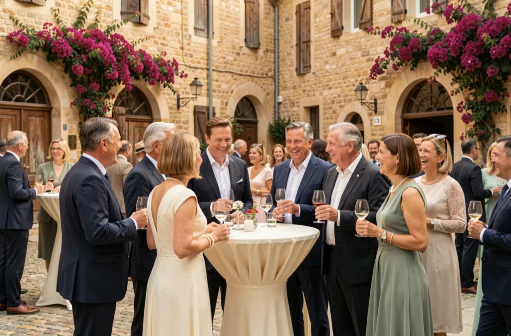 Cocktail de mariage chic dans un village perché provençal avec des invités célèbres en tenue élégante