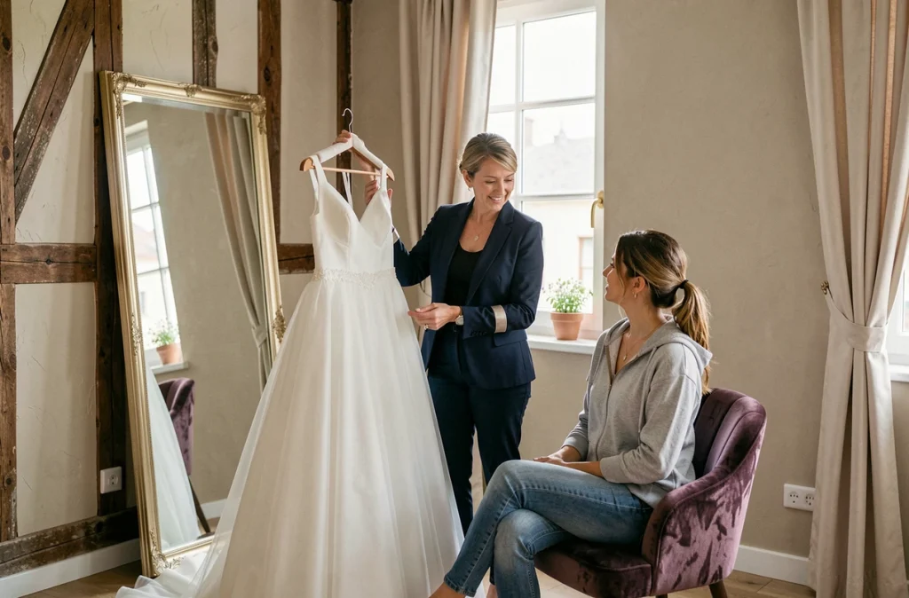Conseillère en boutique présentant une robe de mariée à louer à une future mariée à Strasbourg