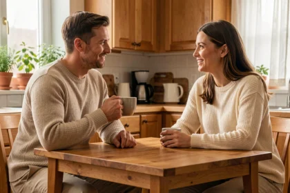 Couple complice partageant un café du matin dans une cuisine chaleureuse, illustrant la confiance et la communication dans une relation amoureuse épanouie