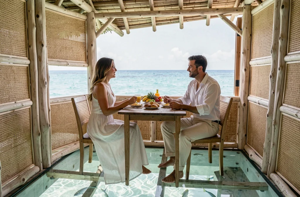 Couple en lune de miel prenant le petit-déjeuner dans un bungalow sur l'eau en lagon tropical
