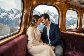 Couple en lune de miel dans un train panoramique de montagne contemplant les Alpes enneigées par la fenêtre