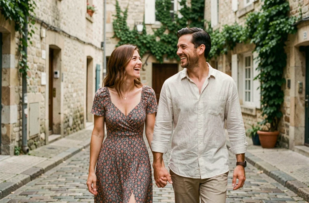 Couple marié se promenant main dans la main dans une ruelle pavée d'un village français, souriant et complices