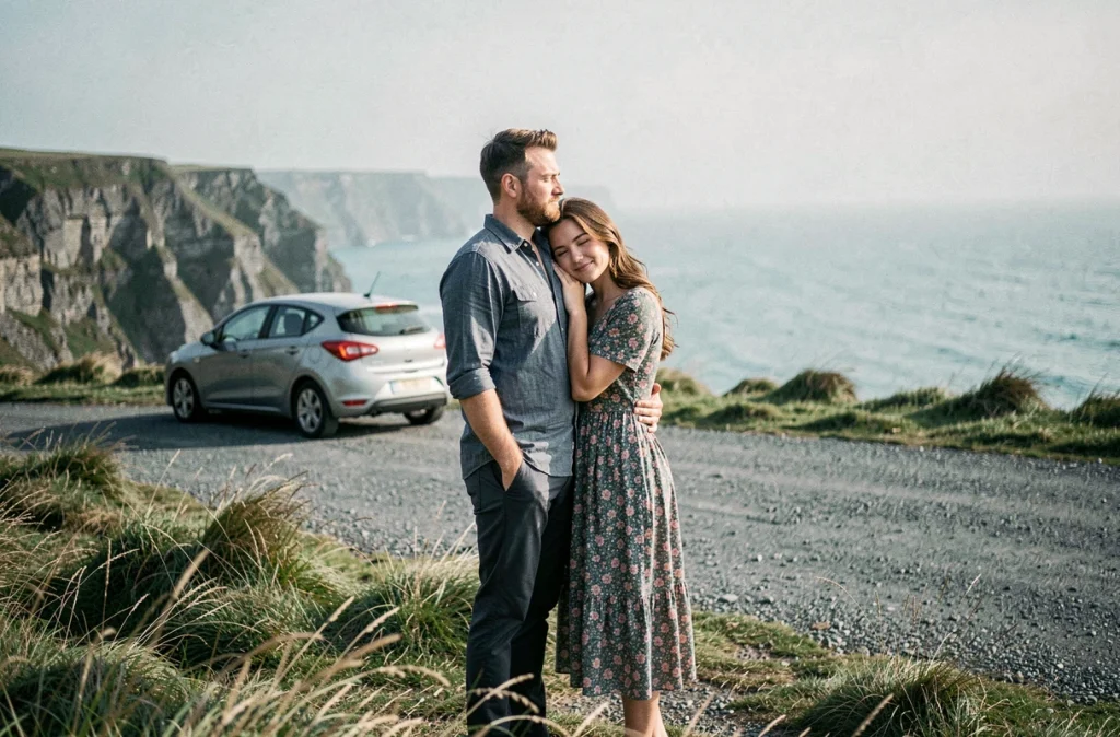 Couple de mariés contemplant l'horizon depuis un belvédère côtier lors d'un road trip romantique