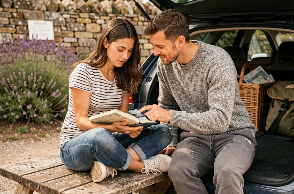 Deux jeunes mariés planifiant leur itinéraire de road trip avec un journal de voyage et une application carte
