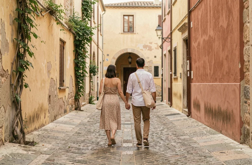 Couple de mariés se promenant main dans la main dans une ruelle pavée méditerranéenne lors de leur voyage de noces