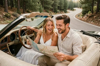 Couple de jeunes mariés riant ensemble dans un cabriolet vintage en regardant une carte routière, décor de route de montagne