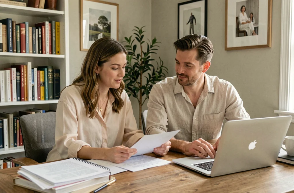 Couple complice travaillant ensemble dans un bureau à domicile chaleureux, évoquant le respect mutuel et la stabilité dans une relation de couple équilibrée