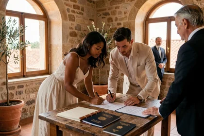 Couple mixte signant des documents officiels dans une mairie méditerranéenne pour leur mariage à l'étranger