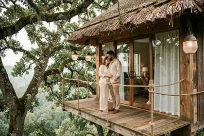 Couple en voyage de noces sur la terrasse suspendue d'une cabane dans les arbres entourée de forêt