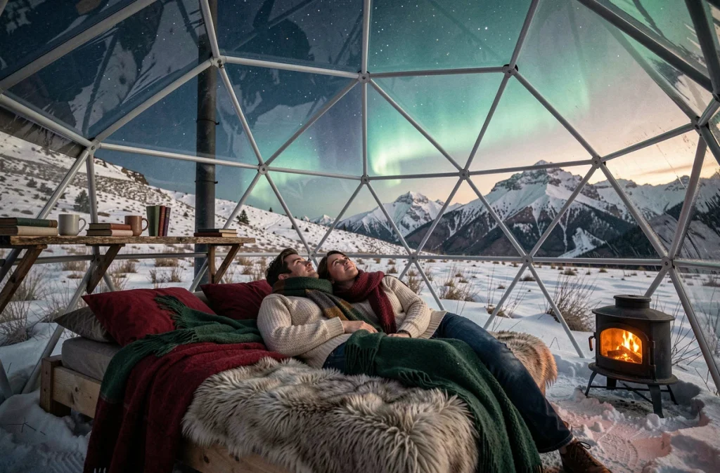 Couple en voyage de noces allongé sous un ciel étoilé dans un dôme géodésique transparent en montagne enneigée