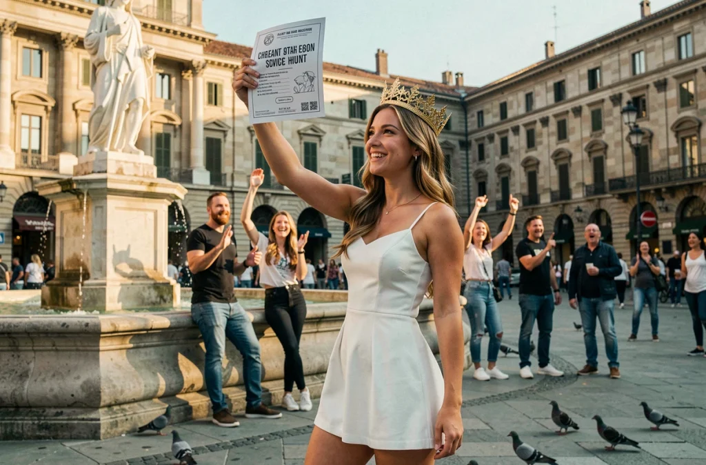 Future mariée en EVJF réalisant un défi urbain avec une carte de jeu imprimée devant un monument de ville