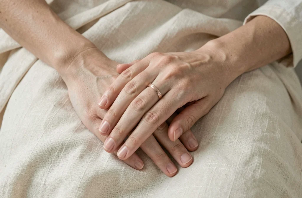 Deux mains féminines entrelacées portant une bague en or rose à l'annulaire droit, symbolisant l'amitié ou l'engagement sur du tissu lin crème
