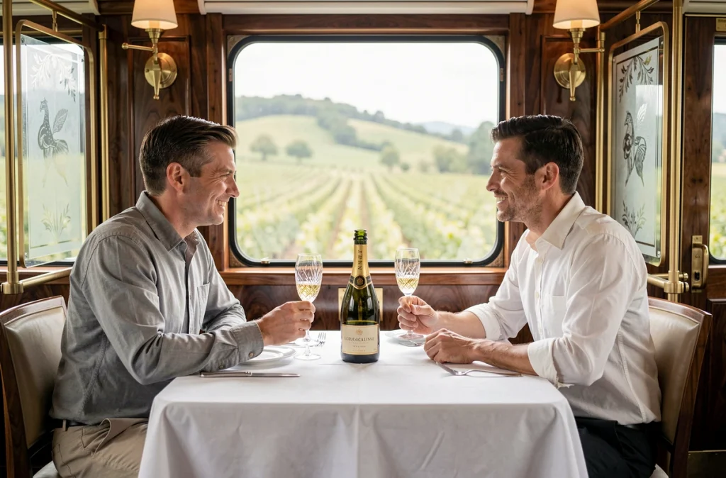 Couple dînant au champagne dans le wagon-restaurant de luxe d'un train panoramique traversant des vignobles