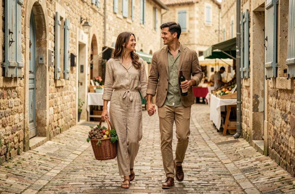 Jeunes mariés en escapade gastronomique dans un village provençal, portant des produits locaux du marché artisanal