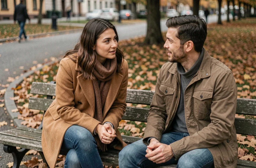 Femme attentive écoutant son partenaire dans un parc en automne, symbolisant l'écoute active et le soutien émotionnel dans le couple