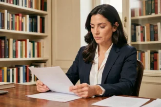 Portrait éditorial d'une femme française élégante dans un bureau parisien, illustrant un article sur la vie privée de Juliette Plumecocq-Mech