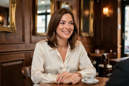 Femme élégante portant une alliance en or assis dans un café parisien, souriant chaleureusement lors d'une interview