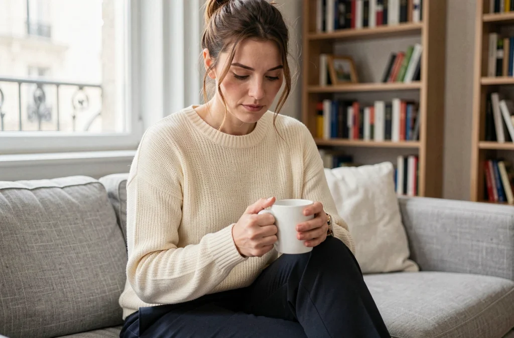 Femme pensive tenant une tasse dans un appartement parisien moderne, évoquant l'intimité et la vie privée d'une personnalité publique mariée