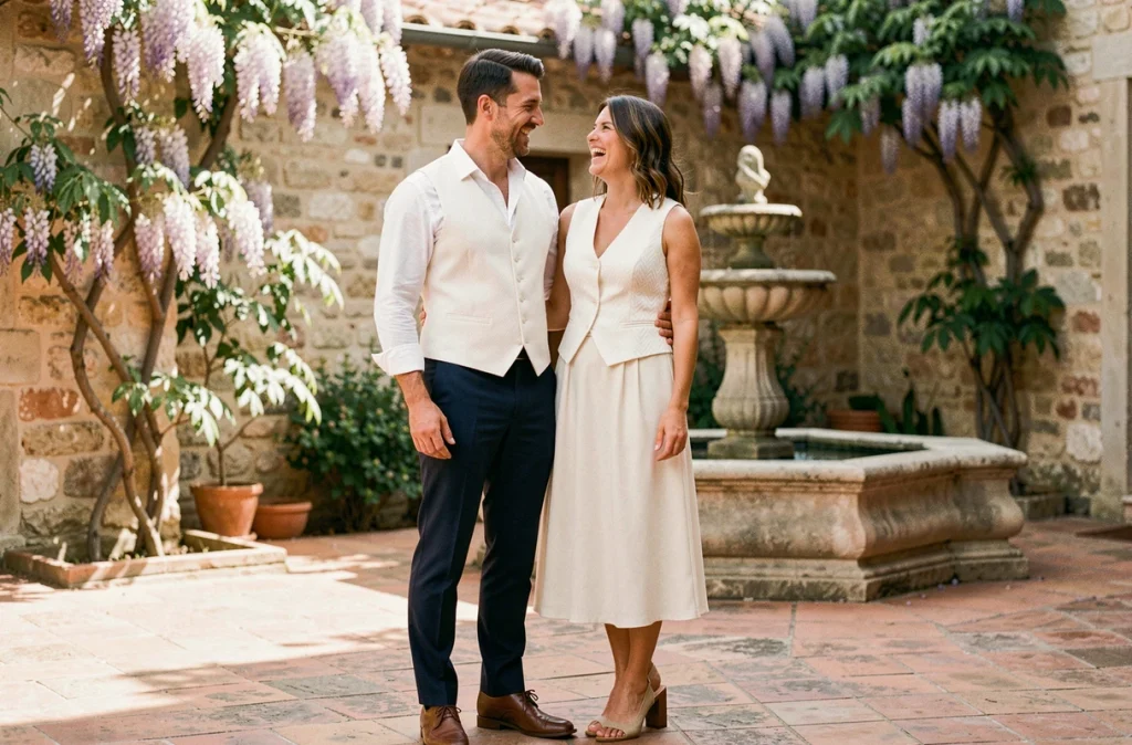 Couple en gilets blancs coordonnés pour un mariage en Provence, tenues complètes assorties style éditorial chic