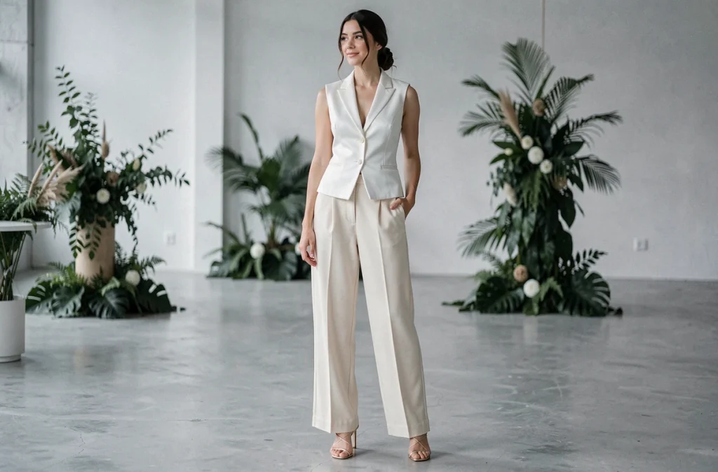 Femme portant un gilet blanc satin comme top avec pantalon ivoire large, tenue mariage femme chic et moderne