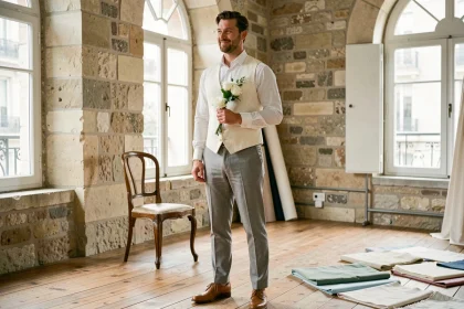 Homme en gilet blanc mariage porté avec pantalon gris clair et chaussures Oxford, style tenue complète élégante pour marié