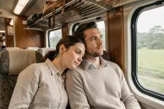 Couple de jeunes mariés partageant un moment d'intimité silencieuse dans un compartiment de train lors de leur voyage de noces