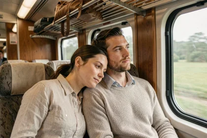 Couple de jeunes mariés partageant un moment d'intimité silencieuse dans un compartiment de train lors de leur voyage de noces
