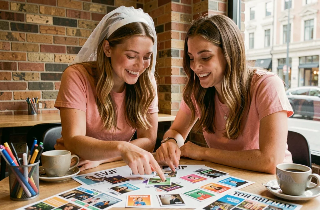 Deux amies en EVJF étudiant un jeu à imprimer autour d'un café lors d'un city trip