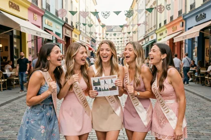Groupe de femmes en tenue EVJF tenant des cartes de jeu à imprimer lors d'un city trip urbain animé