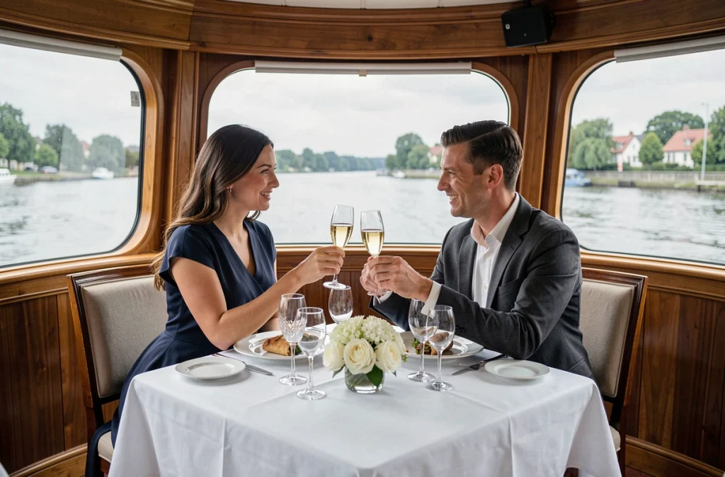 Couple de jeunes mariés portant un toast au champagne dans le restaurant panoramique d'un bateau de croisière fluviale luxueux