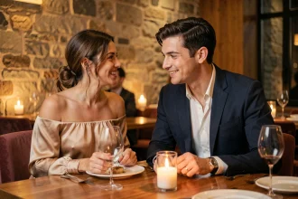 Jeunes mariés partageant un dîner gastronomique romantique dans un restaurant contemporain aux murs en pierre