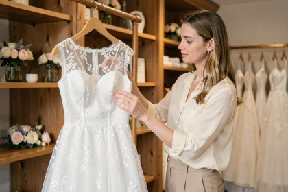 Jeune femme examinant une robe de mariée en location dans une boutique de Strasbourg