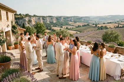 Mariage de luxe en Provence à Gordes avec invités élégants sur une terrasse en pierre au milieu des champs de lavande