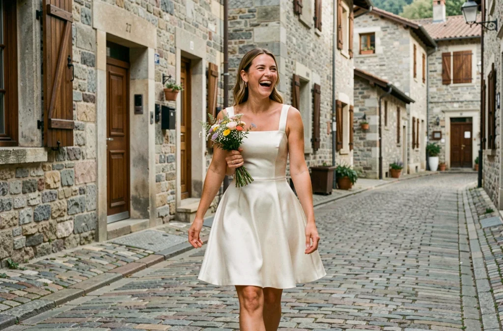Future mariée en robe courte ivoire satin marchant dans une rue pavée de village avec bouquet champêtre